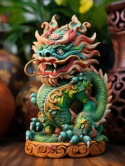 Chinese green dragon wood figure, festive background