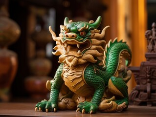 Fototapeta premium Chinese green dragon wood figure, festive background