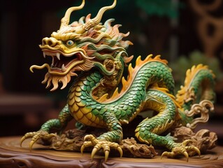 Fototapeta premium Chinese green dragon wood figure, festive background