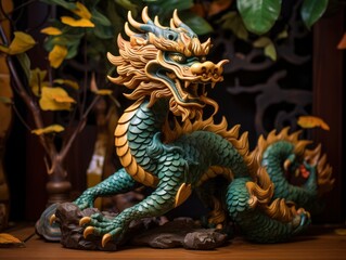 Chinese green dragon wood figure, festive background