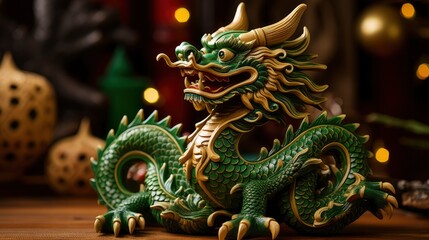 Fototapeta premium Chinese green dragon wood figure, festive background