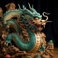 Fototapeta premium Chinese green dragon wood figure, festive background