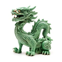 Obraz premium Chinese green wooden dragon full body clay figure, isolated on white background