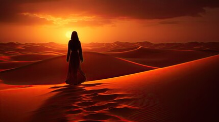 Fototapeta na wymiar silhouette of beautiful arabic woman walking on the san