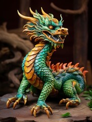 Fototapeta premium Chinese green wooden dragon full body clay figure, vivid color background