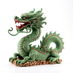 Obraz premium Chinese green wooden dragon full body clay figure, isolated on white background