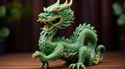 Chinese green wooden dragon full body clay figure, bright solid color background