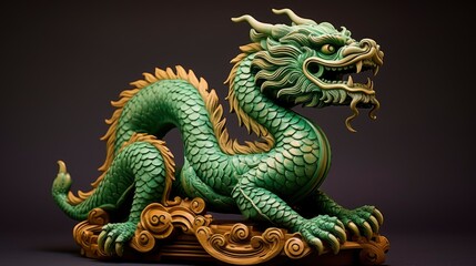 Fototapeta premium Chinese green wooden dragon full body clay figure, bright solid color background