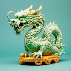 Obraz premium Chinese green wooden dragon full body clay figure, bright solid color background
