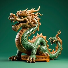 Fototapeta premium Chinese green wooden dragon full body clay figure, bright solid color background