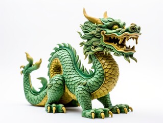 Chinese green wooden dragon full body clay figure, isolated on white background