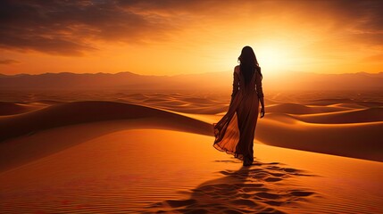 Fototapeta premium silhouette of beautiful arabic woman walking on the san