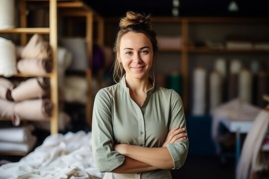 Waist-length Portrait Of A Fashionable Young Woman Wearing An Apron And Looking At The Camera While Standing With Her Arms Crossed In A Fabric Store.