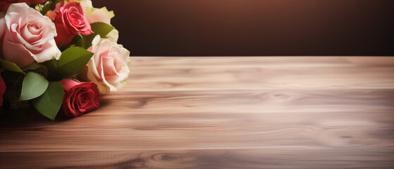 beautiful rose flowers on a wooden table - copy space