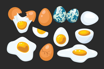 Fresh and boiled eggs set collection of whole eggs, broken eggs, fried, yolks, quail, crack open egg, eggshells, sunny side, and boiled eggs isolated on black background.