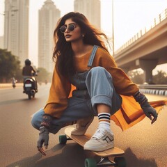 Indian woman riding a skateboard  - obrazy, fototapety, plakaty