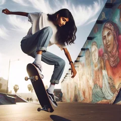 Abwaschbare Fototapete Indian woman riding a skateboard  © MASOKI
