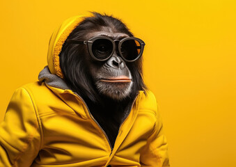 A hip chimpanzee in oversized sunglasses and a hooded yellow jacket, set against a bold yellow background, showcasing urban style.
