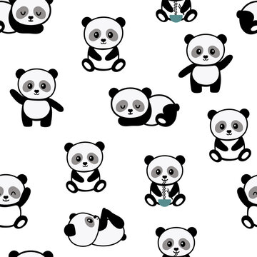 Seamless hand drawn pattern with stylized cute baby pandas in different positions - sleeping, sitting isolated on white background. Endless vector pattern for textiles or fabric for newborns.