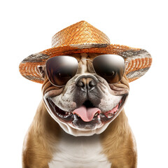 Bull Dog wearing cool glasses and straw hat in summer clothes with smile on white background PNG. Summer fun concept - obrazy, fototapety, plakaty