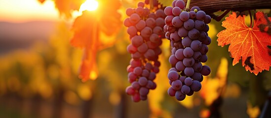 Harvest time in France's Champagne region, ripe grapes in the vineyard, sunset glow, close-up.