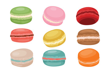 Colorful sweet macaroons or macarons dessert set collection, French biscuit dessert of almond flour, Restaurant and bakery cafe pastry, baker shop, bread, sweets. cartoon vector collection - obrazy, fototapety, plakaty