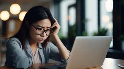 Asian woman stressed while working on laptop, feeling sick at work - obrazy, fototapety, plakaty