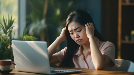 Asian woman stressed while working on laptop, feeling sick at work