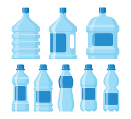 Gallon and Bottle Water Set Collection, Healthy Aqua big plastic barrel drink water bottle container for cooler and small tare for retail sale isolated, Clean potable drinking water dispenser.