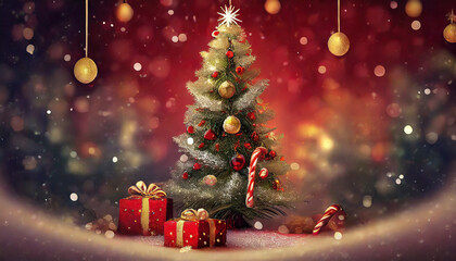 Fototapeta na wymiar christmas, tree, decoration, holiday, xmas, celebration, ball, gift, winter, christmas tree, fir, new, ornament, year, star, present, season, green, merry, december, pine, red, gold, vector, festive