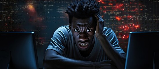 African American coders facing computer problems, hacked system, and security breach while unable...