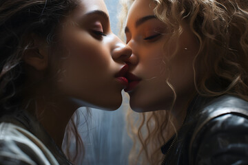 Beautiful loving young lesbian couple kissing in the middle of the night - obrazy, fototapety, plakaty