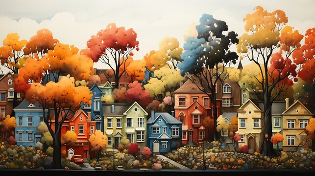 city lots houses trees fall paper still woodland coherent work adorable neighborhood