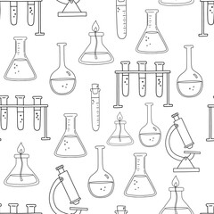 Seamless vector monochrome pattern with doodles science and education. Outline sketches on white background. Microscope, test tubes line illustrations