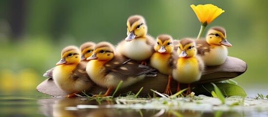 Cute baby animals, including ducklings and chicks, ride on their mother's back at Royal Lazienki...