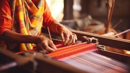 Asian women weaving makers (bhangars) in Varanasi have made it world famous. Banarasi sari on his hand - obrazy, fototapety, plakaty