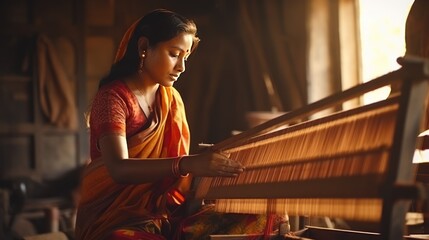 Asian women weaving makers (bhangars) in Varanasi have made it world famous. Banarasi sari on his hand