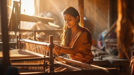 Asian women weaving makers (bhangars) in Varanasi have made it world famous. Banarasi sari on his hand - obrazy, fototapety, plakaty
