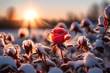 snow on red rose in the sunset