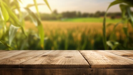 The empty wooden brown table top with blur background of corn field. Exuberant image. generative AI - Powered by Adobe