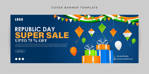 Vector illustration of Happy Republic Day Sale Facebook cover banner Template - obrazy, fototapety, plakaty