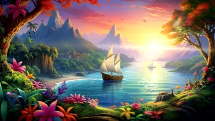 Beautiful scenery of beach on sunset, with sailboat of paradise.   Looping  video animation background live paper 