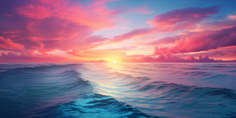 A photorealistic depiction of a vivid sunset over a serene ocean horizon, capturing the sky's color gradients.
