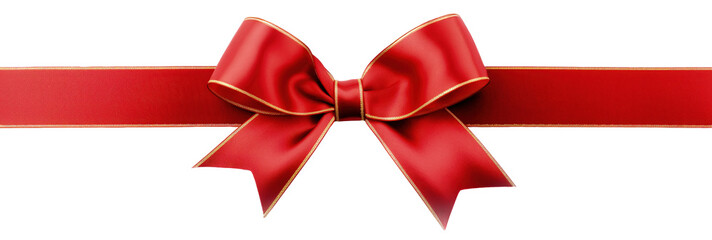 Red ribbon and bow with gold stripe isolated on transparent background. Christmas present new year eve gift special product sales promotion collage element object concept.