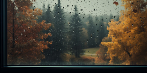 An image of raindrops on a windowpane overlooking a picturesque fall landscape, invoking a cozy feeling indoors.