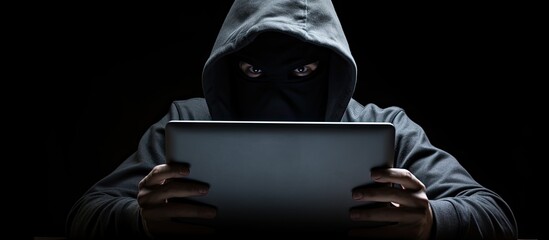 Hacker with hoodie, hiding face, holds blank computer monitor.