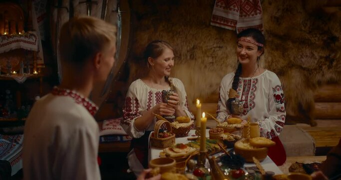ancient Russian tradition of matchmaking, Slavic culture, two women and fiance, 4K, Prores