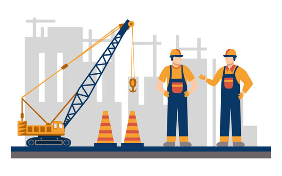 Modern building and building construction workers flat design vector