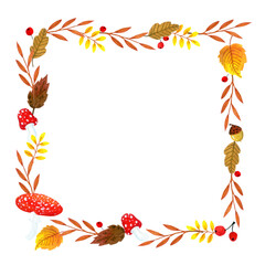 square frame of autumn leaves and herbs on a white background