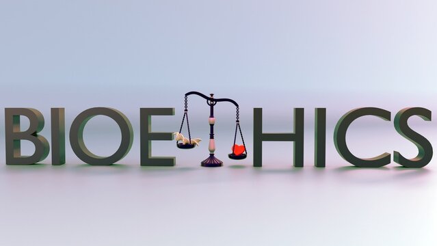 3D rendering of an isolated bioethics concept with a sense of scale on a black background.